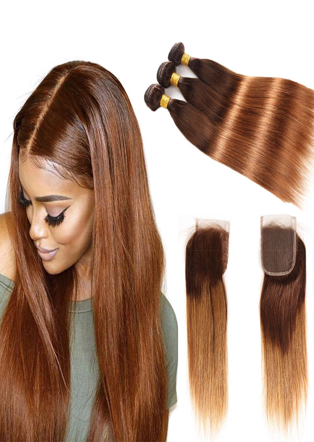 Ombre 4/30 3Bundles Bundles With 4x4 Closure Brazilian Straight Human Hair Bundles With Lace Closure