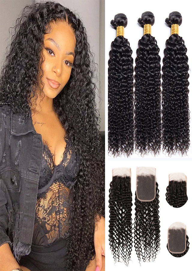 Peruvian Curly Human Hair With 4x4 Lace Closure Remy Peruvian Hair Bundles With Closure