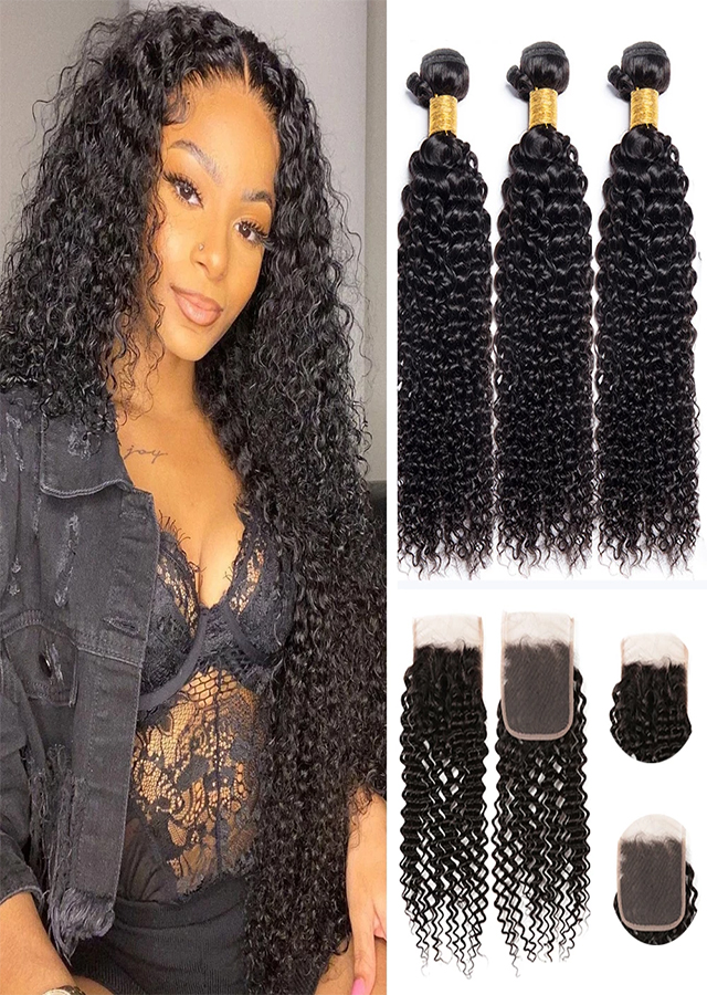 Peruvian Curly Human Hair With 4x4 Lace Closure Remy Peruvian Hair Bundles With Closure