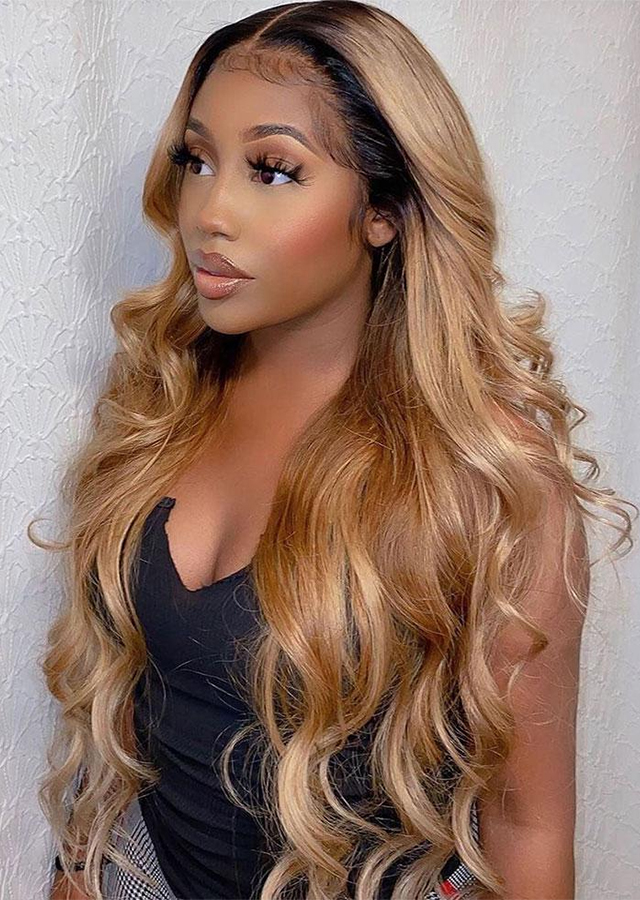  Ombre Honey Brown Glueless Full Lace Virgin Human Hair 1B 27 Colored Loose Wave Lace Wig 