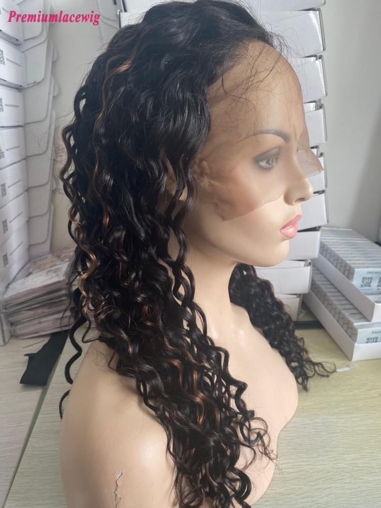20inch Deep Wave 1B highlight 30 180 Density 360 Lace Virgin Human Hair Wig
