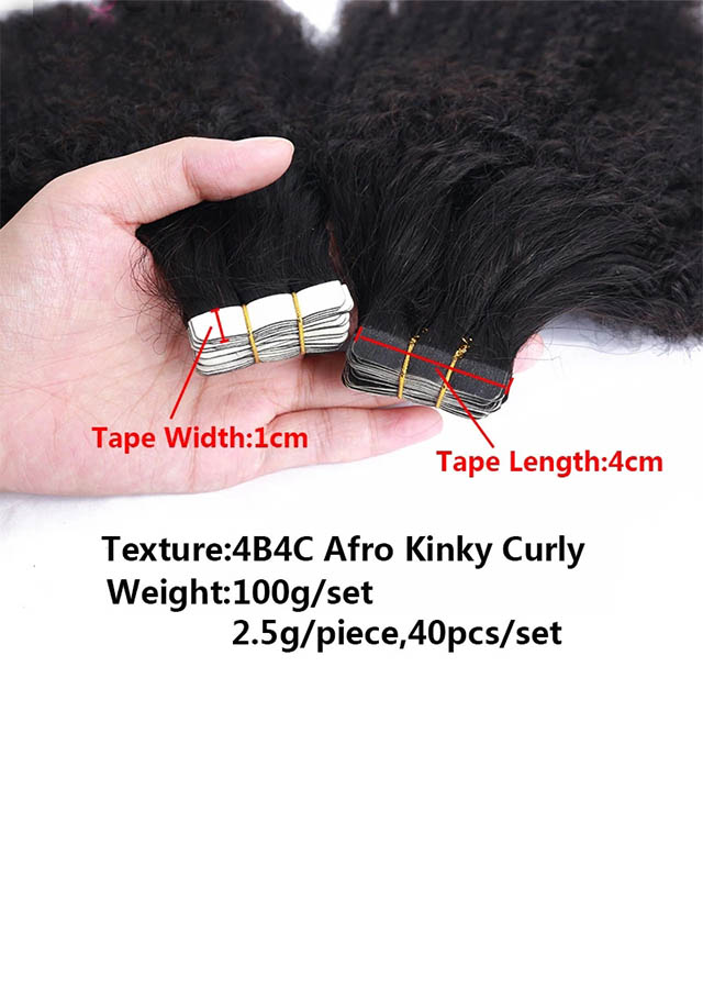 Afro Kinky Curly Tape In Human Hair Extensions For Black Women 4b4c Coily Skin Weft Adhesive Invisible Brazilian Tape In