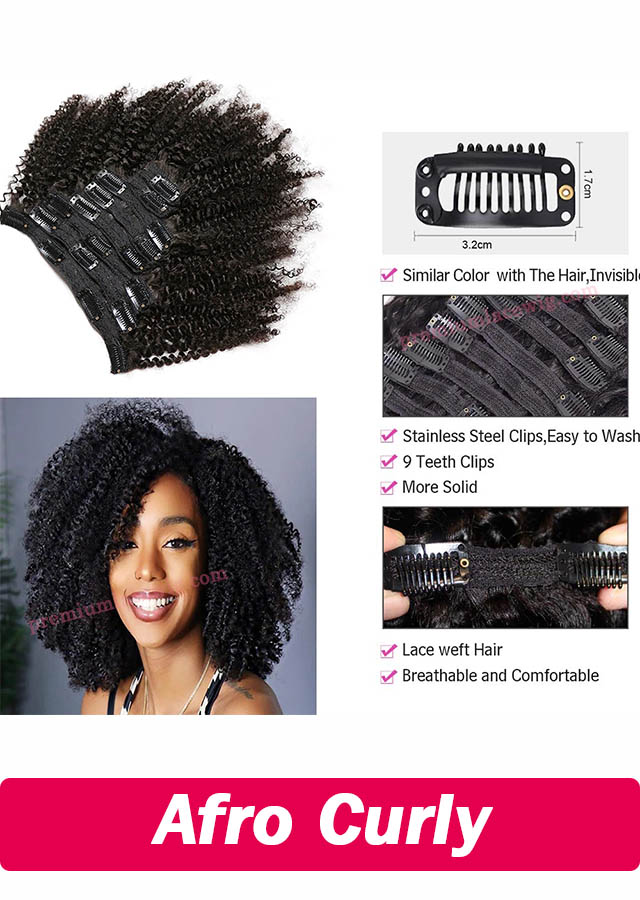 3B 3C Kinky Curly Clip In Human Hair Extensions Full Head Sets 100% Human Natural Black Hair Clip Ins