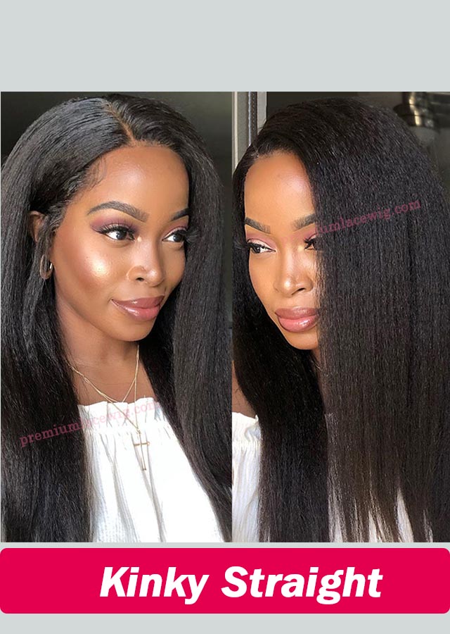 Kinky Straight Full Lace Wig Peruvian Virgin Human Hair 20inch Pre Plucked
