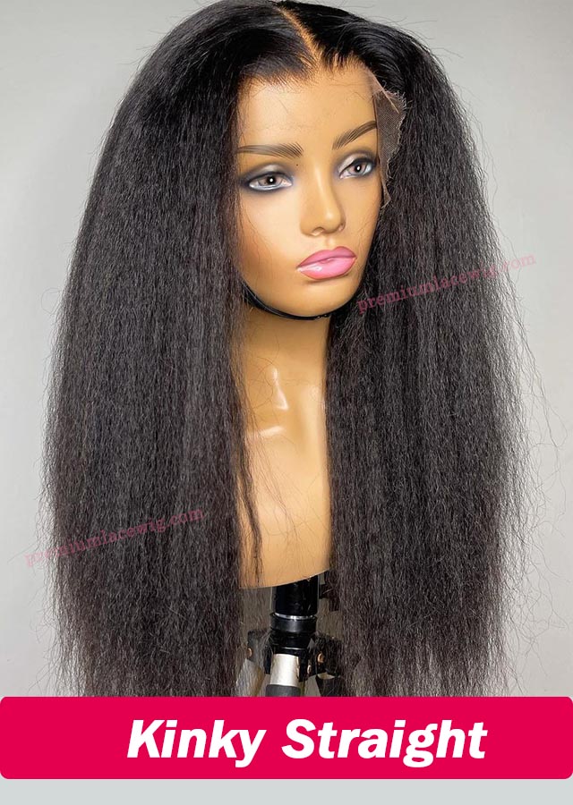 Kinky Straight Full Lace Wig Peruvian Virgin Human Hair 20inch Pre Plucked