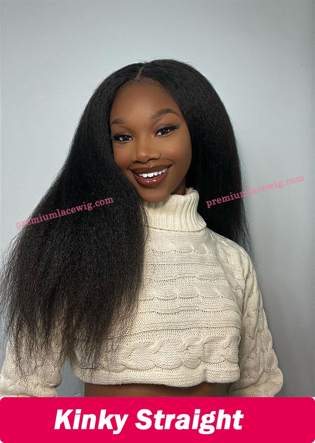 200 Density Glueless Yaki Natural Long Kinky Straight Lace Wigs Natural Black Full Lace Wig