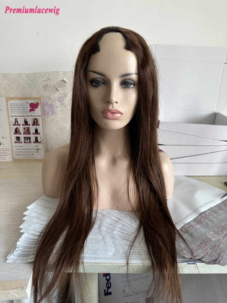 U Part Wig 24inch Color 4 Brown Color 200 Density Human Hair Wig