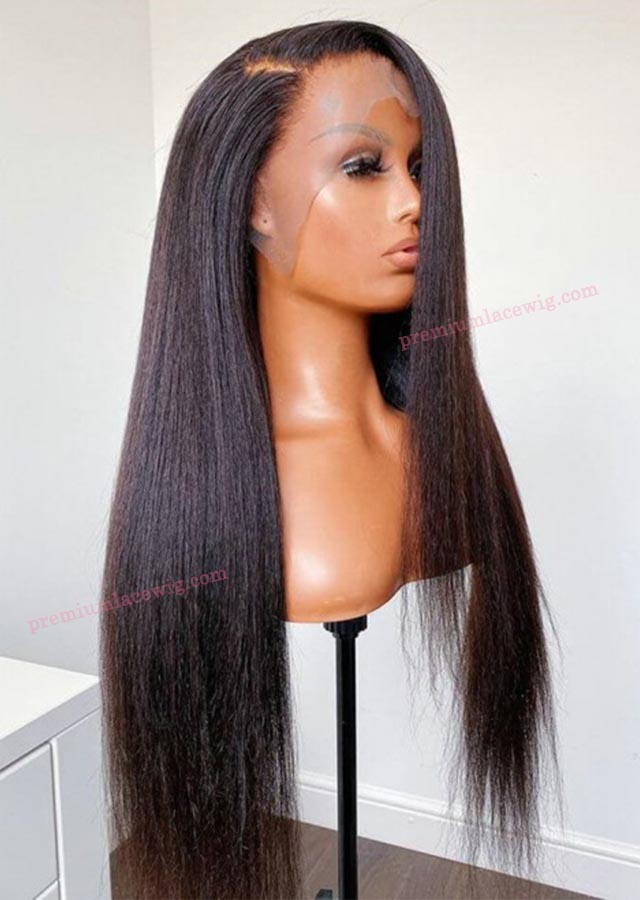 Natural Color 20inch Brazilian Virgin Human Hair Yaki Straight Glueless Full Lace Wig Pre Plucked