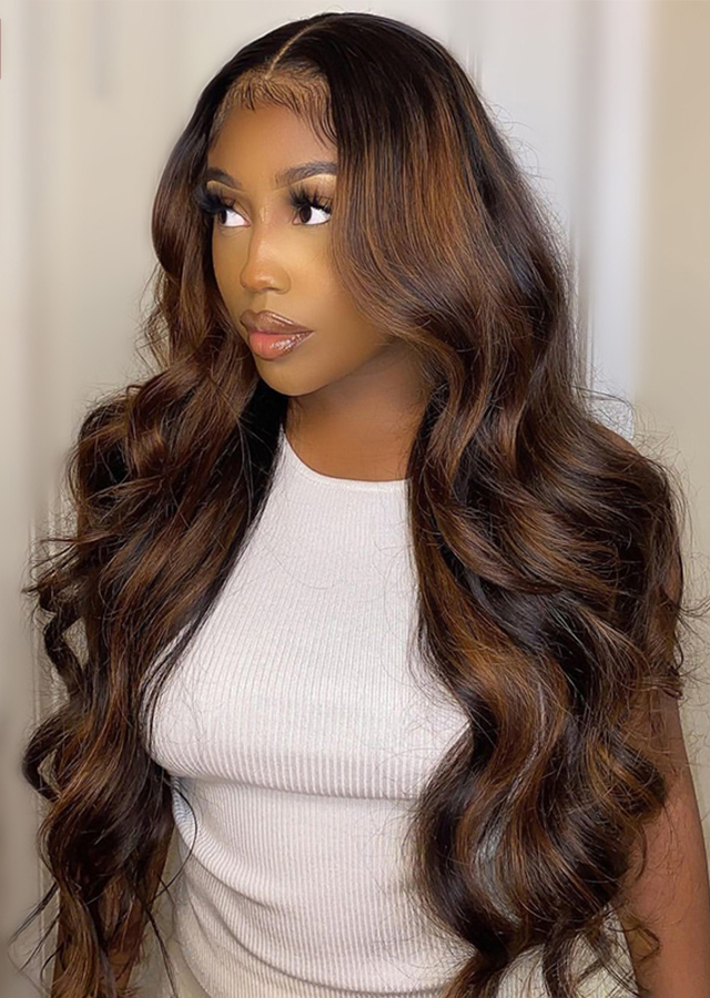 Highlights 1B/30 Body Wave Lace Front Pre Plucked Wig Peruvian Virgin Human Hair Wigs For Black Women