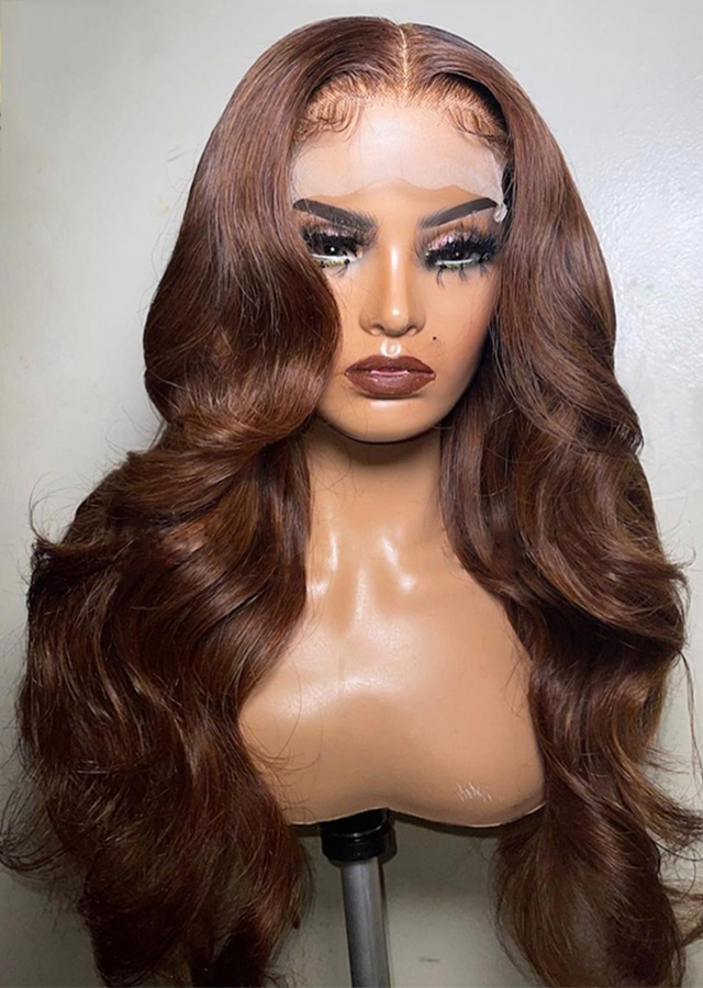 Chocolate Brown Full Lace Wig PrePlucked 30 Inch Body Wave Human Hair Wig Color 3
