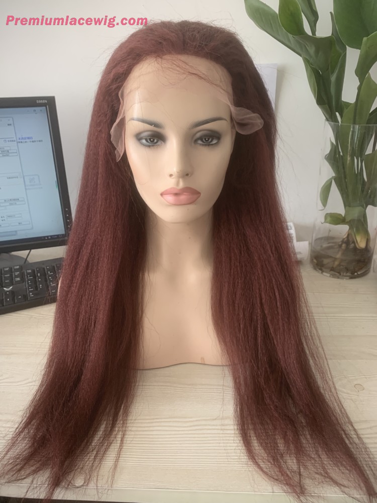 Kinky Straight Reddish Brown Hair Wig Auburn Yaki Straight Lace Front Wigs 24inch