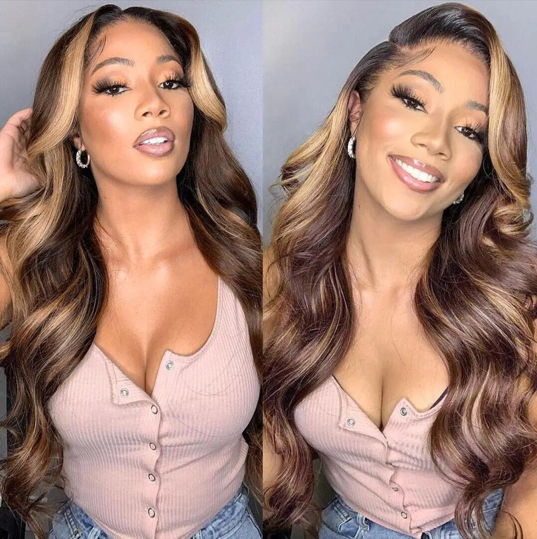 Piano Ombre Honey Brown Body Wave Lace Ombre Root Color 1B with Piano Highlight Color 4 27