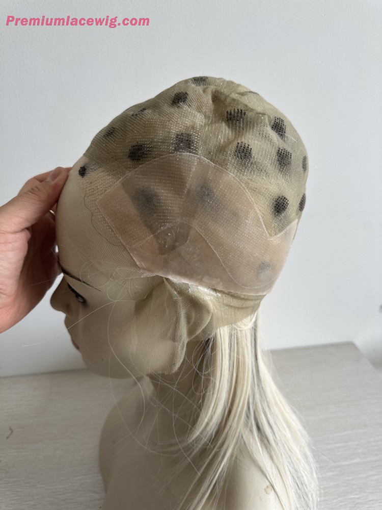 Full Lace Wig with PU Stripe Blonde Color with Grey Highlight 12inch