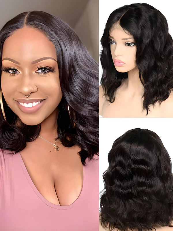Lace Front Wig Natural Wave Bob Virgin Human Hair Wig 10inch 250% Density