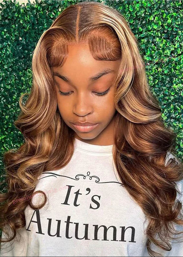 Piano Highlight Color 4/27 Honey Brown Body Wave Full Lace Wig