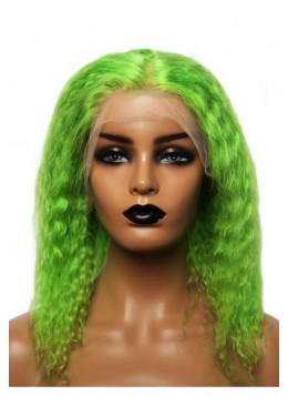 Green Lace Front Human Hair Wig 13x4 10inch Short Bob Curly Wig