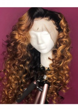 Honey Blonde Lace Front Wigs Loose Curly Ombre Wig 22inch 180% Density Lace Front Wig