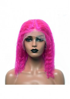 Pink Lace Front Human Hair Wig 13x4 Transparent Lace Short Bob Curly Wig