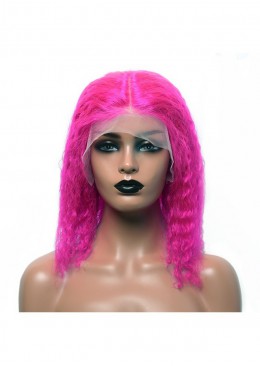 Pink Lace Front Human Hair Wig 13x4 Transparent Lace Short Bob Curly Wig