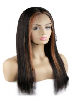 Brown Highlight Lace Front Human Hair Wigs Straight 18inch