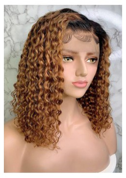 16inch 1B 30 Curly Brazilian Remy Hair Lace Wig Ombre Color Lace Front Human Hair Wigs 150% Density