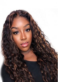 Lace Front Human Curly Ombre Human Hair Wig Ginger Brown Highlight 22inch 180% density