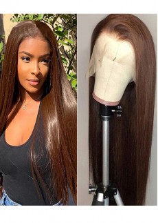 Color 4 Malaysian Light Yaki Straight Human Hair Wig Full Lace Wig