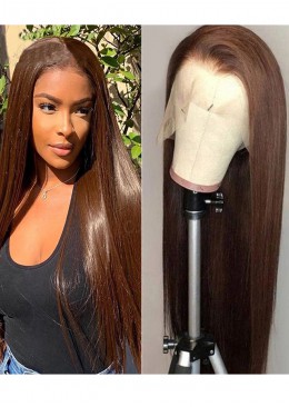 Color 4 Malaysian Light Yaki Straight Human Hair Wig Full Lace Wig