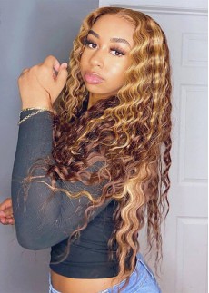 Ombre 4 highlight 27 Blonde Color HD Lace Front Wigs Deep Wave 180% Remy Human Hair Wigs Pre Plucked Frontal Wig