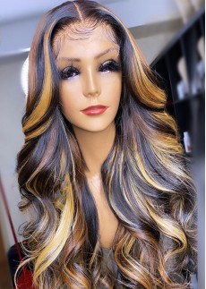 Ombre Highlight Honey Blonde Wig 180% Long Loose Wave Wig 13x4 Lace Front Human Hair Wigs 
