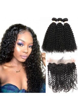 Kinky Curly Bundles With Lace Frontal Brazilian Remy Human Hair Bundles With 13X4 Frontal Kinky Curly