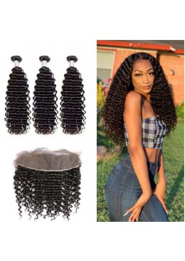 Hair Bundles With Lace Frontal 13x4 Brazilian Human Hair Deep Curly Hair Bundles with Lace Frontal