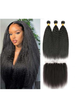 Kinky Straight Bundles With Frontal 13x4 Brazilian Remy Human Hair Bundles With Frontal