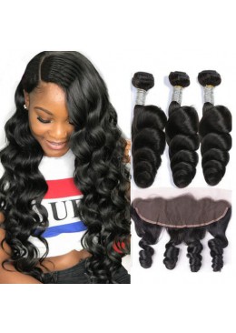 Loose Wave Human Hair Bundles With 13x4 Frontal Pre Plucked Brazilian Virgin Hair Lace Frontal With 3 Bundles