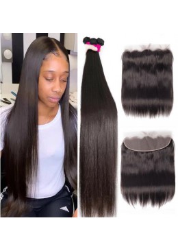 Malaysian Virgin Hair Bundles with Lace Frontal 13x4 Straight Hair Bundle 3pc with Lace Frontal