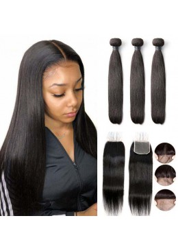 Straight Lace Closure With Human Hair 3 Bundles Brazilian Human Hair Weave Remy Extensions