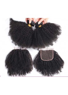 3pc Afro Kinky Curly Bundles With Closure 4x4 Lace Closure Brazilian Human Hair Free Part