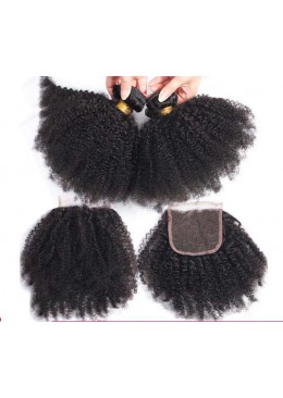 3pc Afro Kinky Curly Bundles With Closure 4x4 Lace Closure Brazilian Human Hair Free Part