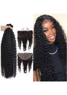 3pc Bundles With Lace Frontal Peruvian Virgin Hair Deep Wave Hair Bundles With Frontal