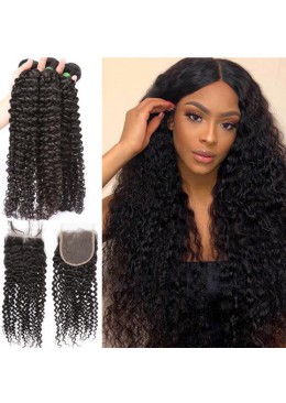 3pc Hair Bundles with Lace Closure 4x4 Peruvian Virgin Hair Curly Hair Bundles With Closure