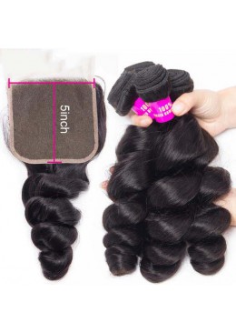 3pc Hair Bundles With Lace Closure 5X5 Brazilian Loose Wave Human Hair