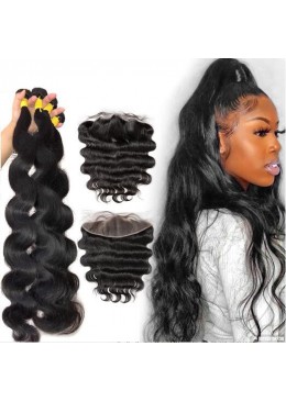 4pc Hair Bundles with Lace Frontal 13x4 Brazilian Body Wave Human Hair Bundles with Lace Frontal