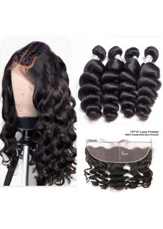 4pc Loose Wave Hair Bundles with Lace Frontal Peruvian Human Hair Bundles With Frontal 13X4