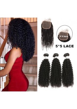 Afro Kinky Curly 3 Bundles With Closure 5x5 Lace Closure With Bundles Brazilian Hair Weave Bundles