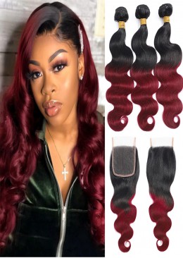 Body Wave Ombre Bundles With 4x4 Closure 1B/99J Two Tone Human Hair Weave Brazilian Burgundy