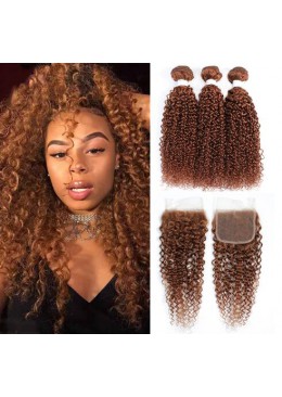 Brazilian Brown Kinky Curly Hair Bundles With Closure 4X4 Human Hair Weave Bundles With Closure Remy Hair Extension