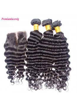 Brazilian Human Hair Bundles with Lace Closure 4x4 Deep Wave Hair Bundles with Closure