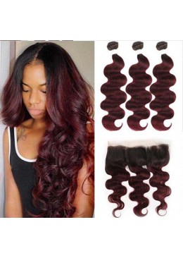 Colored Body Wave Hair Bundles With Lace Frontal 13x4 Malaysian Human Hair Weaves with Frontal 1B/99J
