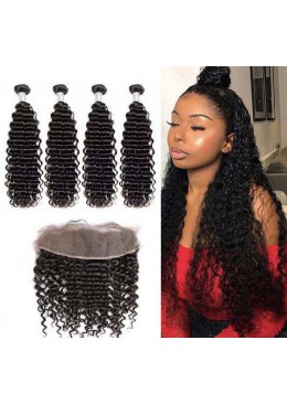 Deep Curly Human Hair Bundles With Lace Frontal 13x4 Brazilian Human Hair Bundles 4pc