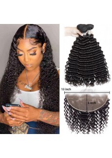 Deep Wave Bundles with 13x6 Lace Frontal Indian Virgin Hair 3pc Hair Bundles